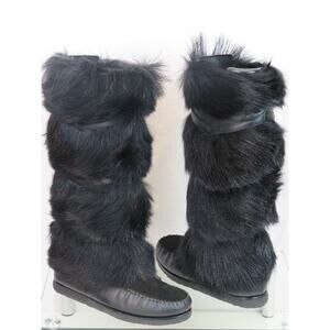 $1495 YSL YVES SAINT LAURENT BLACK FUR LEATHER SHEARLING LINING TALL BOOTS 37